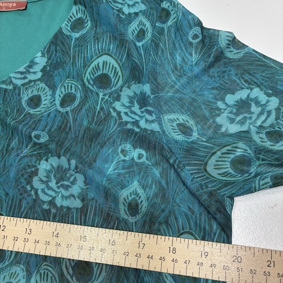 O'Aimaya Women's Top Size Large Blue Green Floral Abstract Print-V-neck Tunic - Picture 14 of 16